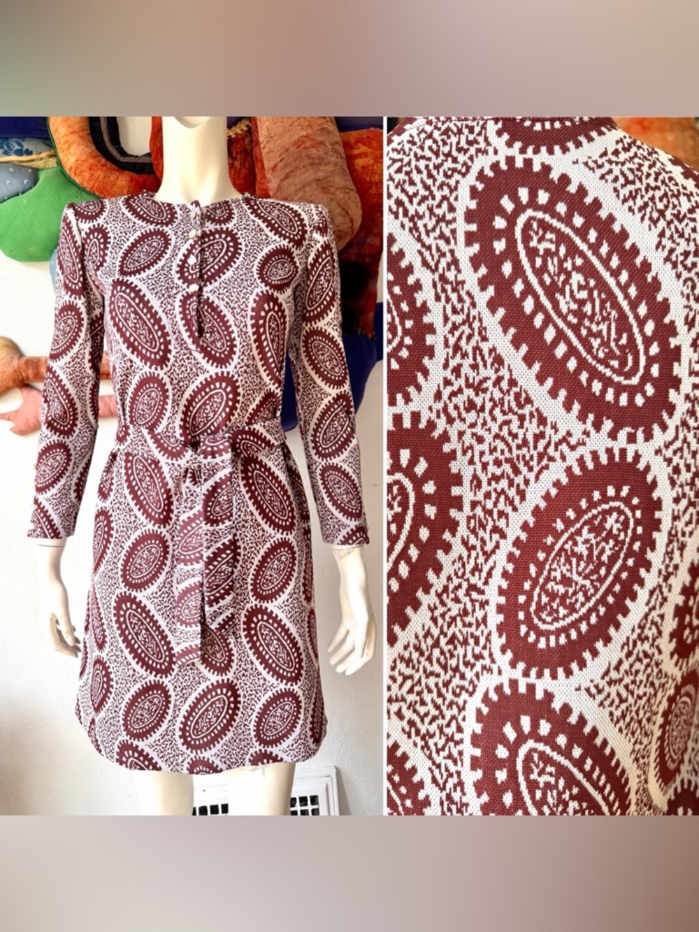 Vintage OP ART DRESS 1960s 1970s Poly Knit Psychedelic Brown White GoGo